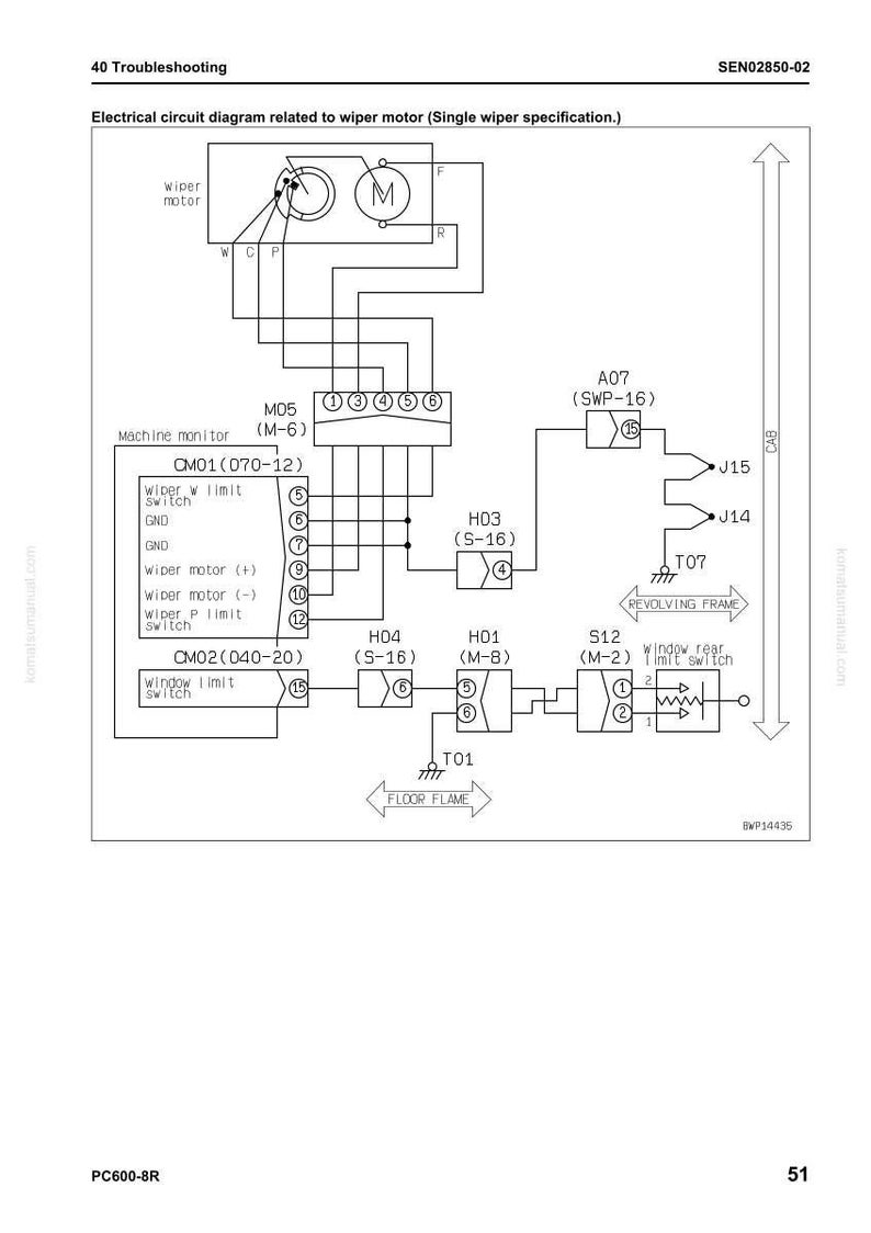 May include: Electrical circuit diagram for a wiper motor, featuring a schematic with labeled components like 'wiper motor,' 'machine monitor,' and various switches. The diagram includes lines and symbols representing electrical connections.