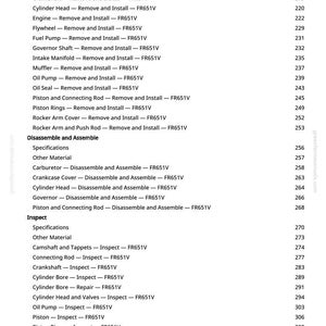 May include: A white page with a list of engine repair procedures, including removal, installation, disassembly, assembly, and inspection of various components. The text includes terms like "Crankshaft," "Cylinder Head," and "Fuel Pump."