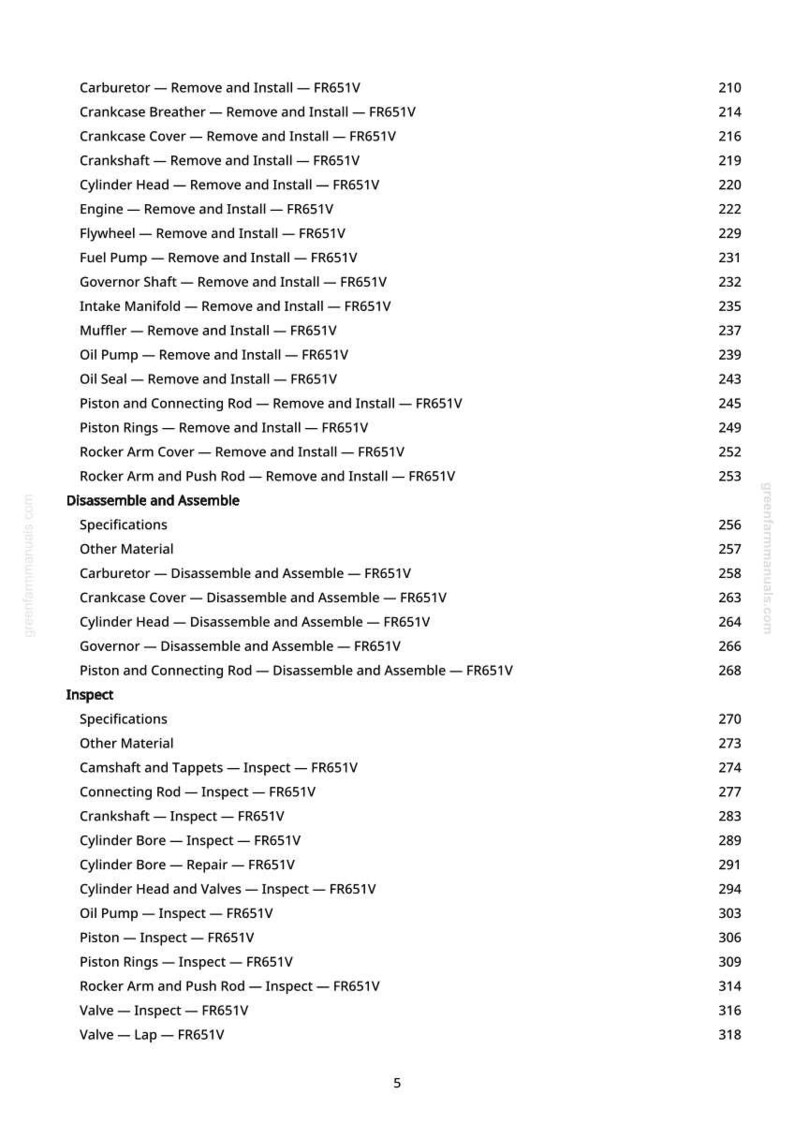 May include: A white page with a list of engine repair procedures, including removal, installation, disassembly, assembly, and inspection of various components. The text includes terms like "Crankshaft," "Cylinder Head," and "Fuel Pump."