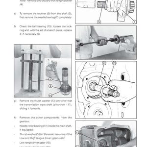 May include: A page from a workshop service manual for the MF 400 Series, with diagrams and instructions for gearbox maintenance. The manual includes illustrations of tools and components, such as a hammer, shaft, and bearings.