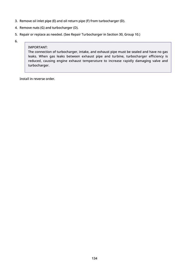 K&ouml;nnte beinhalten: Eine Seite aus einem Handbuch mit Anweisungen zur Wartung des Turboladers. Der Text enth&auml;lt Schritte zum Entfernen von Rohren und Muttern sowie eine Warnung vor Gaslecks. Die Seite ist wei&szlig; mit schwarzem Text.