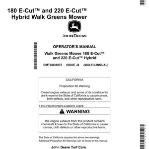 May include: A white Operator's Manual for the 180 E-Cut and 220 E-Cut Hybrid Walk Greens Mower, featuring the John Deere logo. Includes a California Proposition 65 warning about diesel engine exhaust and gasoline engine exhaust.