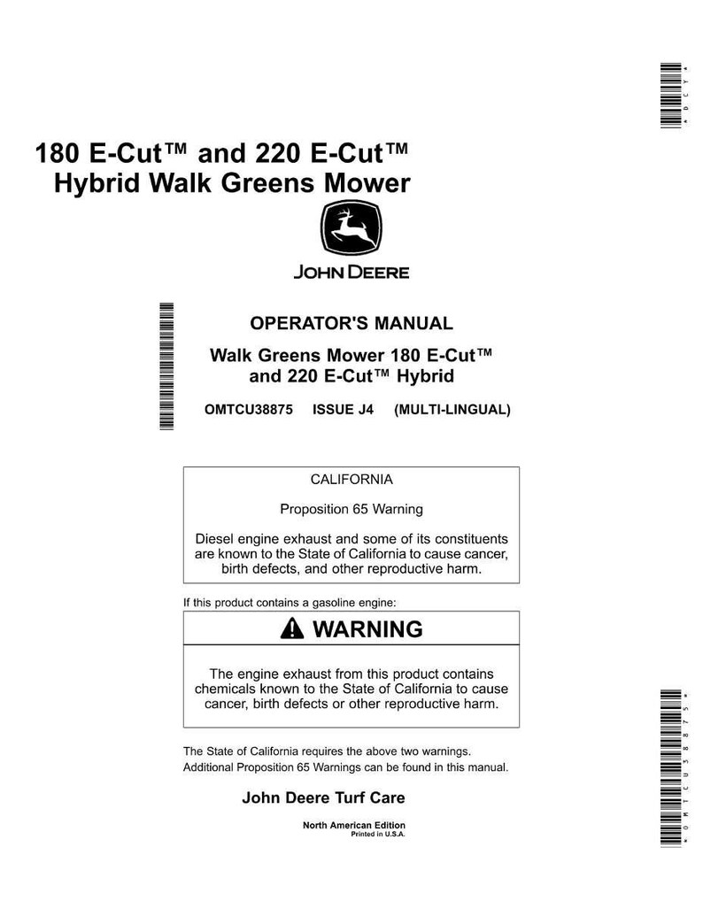 May include: A white Operator's Manual for the 180 E-Cut and 220 E-Cut Hybrid Walk Greens Mower, featuring the John Deere logo. Includes a California Proposition 65 warning about diesel engine exhaust and gasoline engine exhaust.