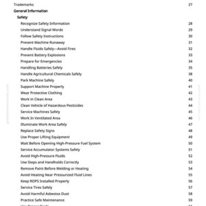 May include: A white page titled "Table of Contents" with a list of safety-related topics. The list includes topics like "Recognise Safety Information", "Prevent Machine Runaway", and "Avoid High-Pressure Fluids". Page numbers are on the right.