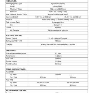 May include: A detailed technical specification sheet for a mechanical transmission system. The document includes information on hydraulics, electrical systems, capacities, and tread width settings, with measurements in liters, mm, and kg.