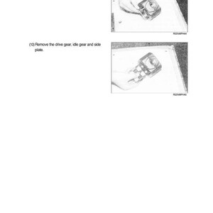 Puede incluir: Dos im&aacute;genes en escala de grises de un manual que muestran componentes mec&aacute;nicos. La primera imagen muestra una mano quitando una placa. La segunda imagen muestra una mano quitando un engranaje de transmisi&oacute;n, un engranaje loco y una placa lateral. El texto incluye "Retire la placa" y "Retire el engranaje de transmisi&oacute;n, el engranaje loco y la placa lateral."