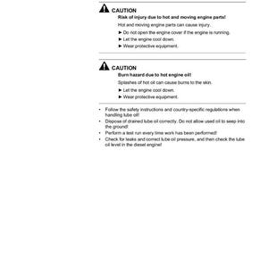 May include: A white document with black text detailing engine lube oil system maintenance and safety instructions. The document includes warnings about hot engine parts and oil, with bullet points for safety procedures. The Wacker Neuson logo is in the top right corner.