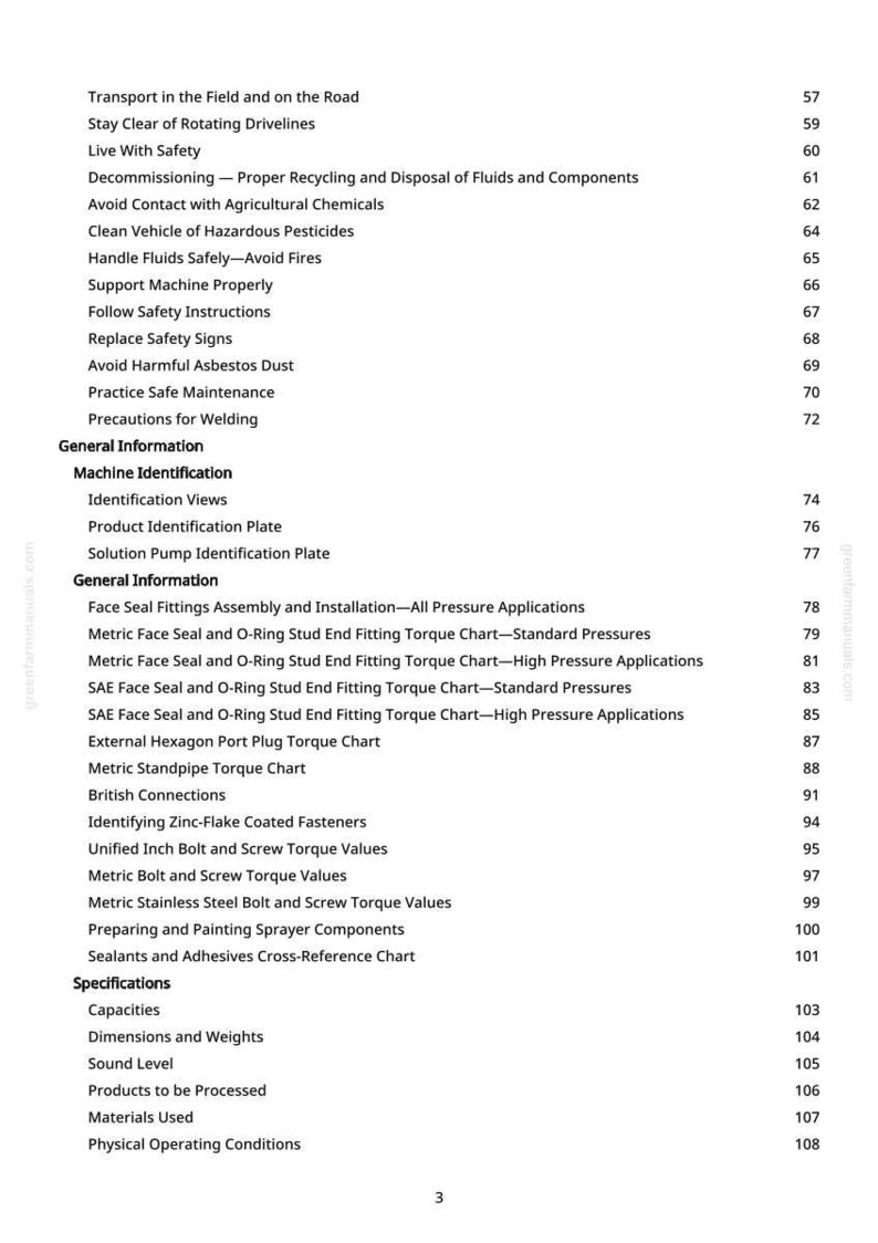 May include: A page from a manual with a table of contents. The text includes safety instructions, machine identification, and specifications. The page number is 3.