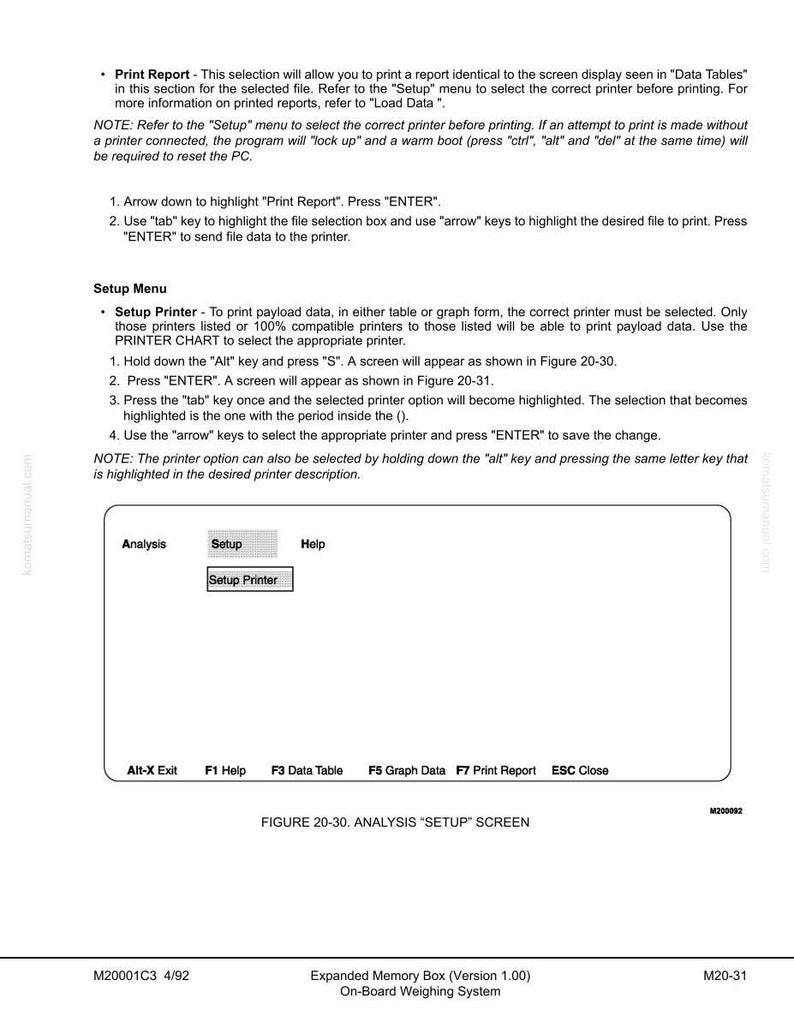 May include: A screenshot of a computer program interface with text instructions. The interface includes options for printing reports and setting up a printer. The text includes instructions on how to navigate the menu and select options. The screen displays the text "Analysis", "Setup", and "Help".