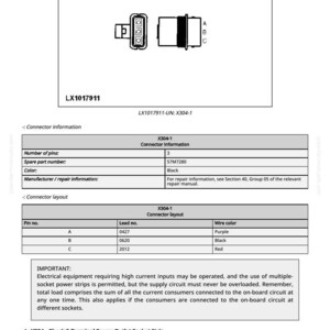 May include: Diagram of an electrical component, labeled LX1017911, with a connector layout and pin information. The image includes a table with pin numbers, lead numbers, and wire colors. Text details the importance of electrical equipment and power strips.