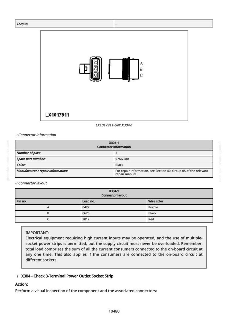 May include: Diagram of an electrical component, labeled LX1017911, with a connector layout and pin information. The image includes a table with pin numbers, lead numbers, and wire colors. Text details the importance of electrical equipment and power strips.