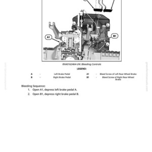 May include: Diagram showing brake components, including pedals and bleed screws, labelled A, B, A1, and B1. Instructions for bleeding the brakes are also included.