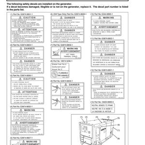 May include: Diagram showing safety decals for a generator, with warnings and cautions in English and French. The image includes a diagram of the generator, with numbered parts and safety instructions.