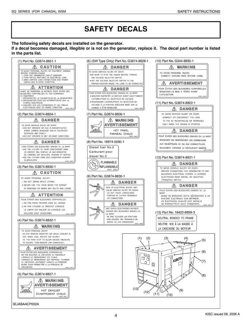 May include: Diagram showing safety decals for a generator, with warnings and cautions in English and French. The image includes a diagram of the generator, with numbered parts and safety instructions.