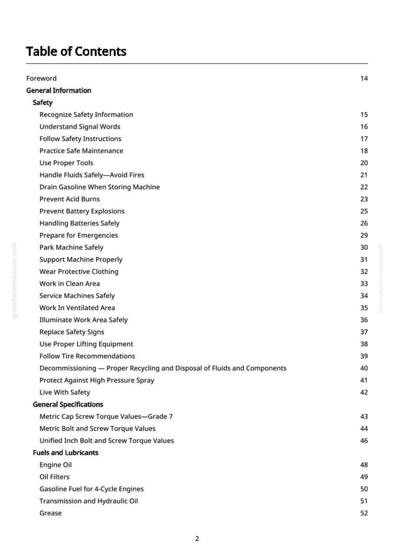 May include: A white page titled "Table of Contents" from a manual. The table lists safety information, general specifications, and fuels and lubricants. The page numbers are on the right side.