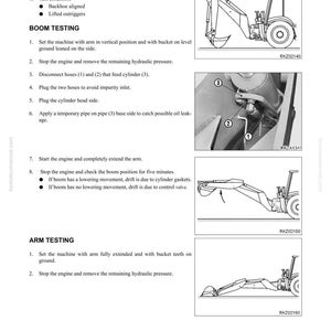 May include: A technical diagram from a manual detailing backhoe testing and adjustment procedures. The image includes illustrations of a backhoe, along with step-by-step instructions and diagrams for boom and arm testing. Text includes "Testing and Adjusting" and "Analysis of Hydraulic Drift."