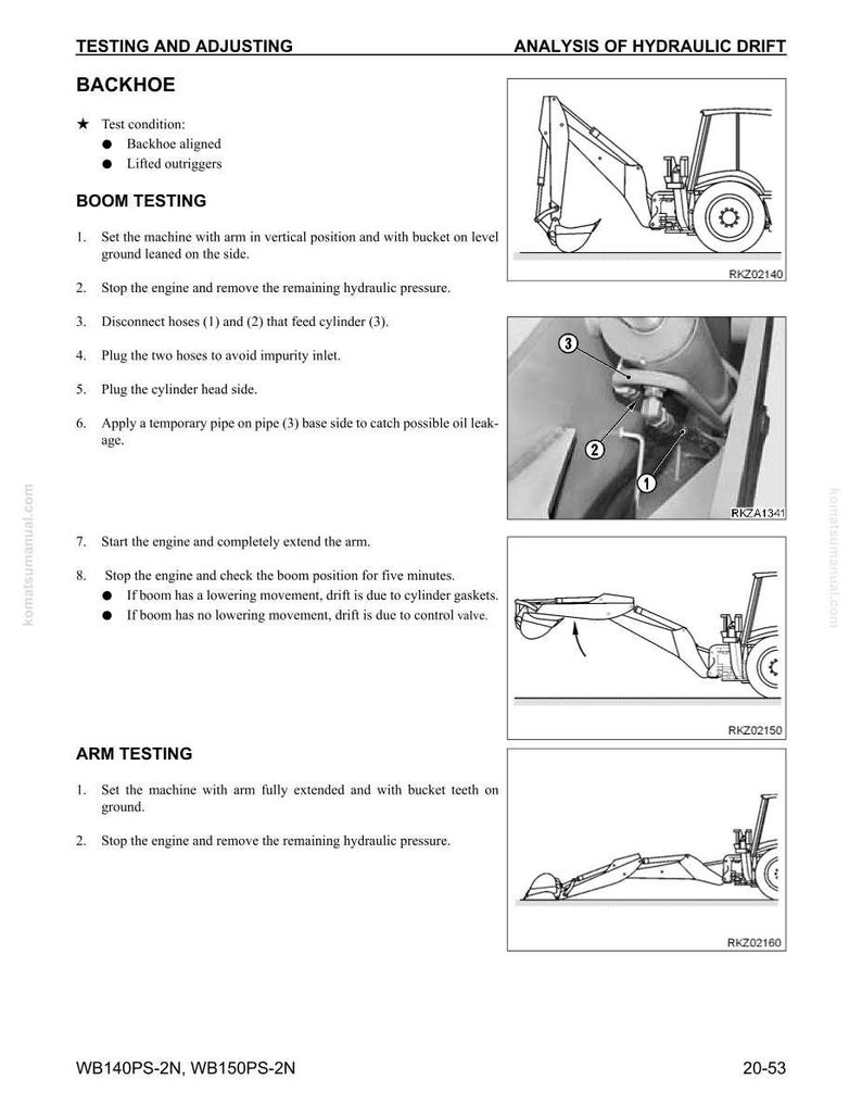 May include: A technical diagram from a manual detailing backhoe testing and adjustment procedures. The image includes illustrations of a backhoe, along with step-by-step instructions and diagrams for boom and arm testing. Text includes "Testing and Adjusting" and "Analysis of Hydraulic Drift."