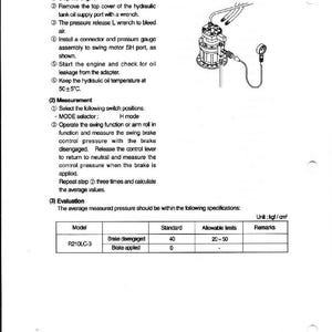 Peut inclure: Sch&eacute;ma technique pour la pression de rel&acirc;che du frein de stationnement oscillant, avec instructions et illustration d'un composant. Inclut un tableau avec des limites en kgf/cm&sup2;.