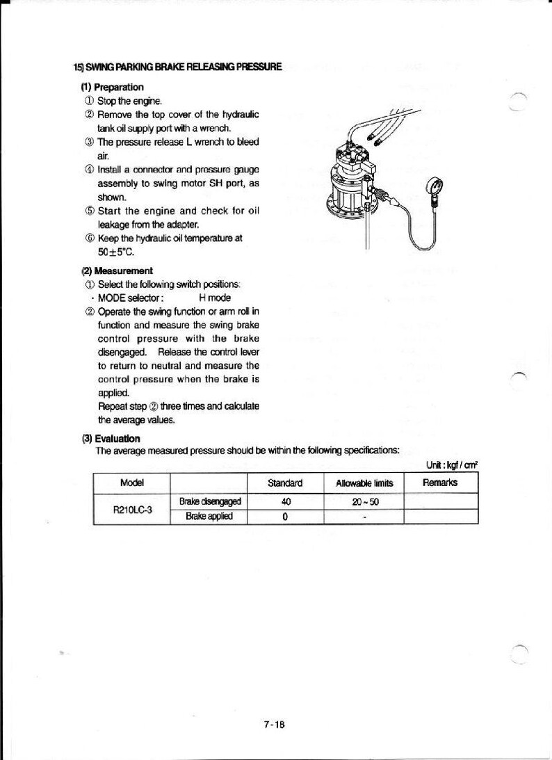 Peut inclure: Sch&eacute;ma technique pour la pression de rel&acirc;che du frein de stationnement oscillant, avec instructions et illustration d'un composant. Inclut un tableau avec des limites en kgf/cm&sup2;.