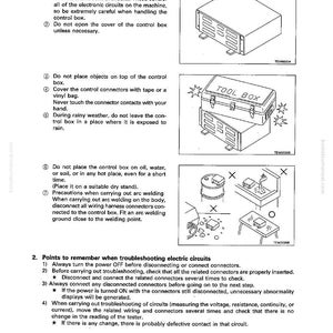 May include: Diagram from a manual showing troubleshooting steps for a control box and electrical circuits. Illustrations include a control box, a toolbox, and diagrams of electrical components. Text provides instructions for maintenance and safety.