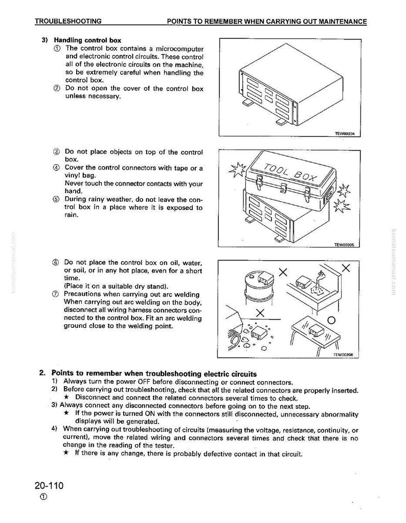May include: Diagram from a manual showing troubleshooting steps for a control box and electrical circuits. Illustrations include a control box, a toolbox, and diagrams of electrical components. Text provides instructions for maintenance and safety.