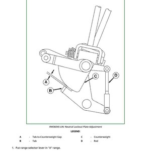 May include: Diagram illustrating neutral lockout plate adjustment, labelled A, B, C, and D. Includes text instructions and a legend. The text at the top reads "Adjust Neutral Lockout Plate."