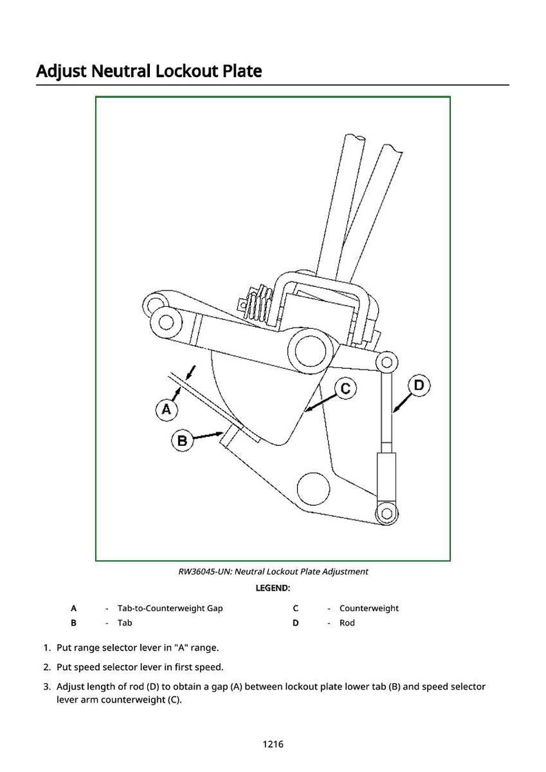 May include: Diagram illustrating neutral lockout plate adjustment, labelled A, B, C, and D. Includes text instructions and a legend. The text at the top reads "Adjust Neutral Lockout Plate."