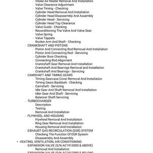 May include: A detailed list of automotive engine repair procedures, including cylinder head, crankshaft, camshaft, and turbocharger services. The text is in black font on a white background, providing a comprehensive guide for mechanics and automotive enthusiasts.