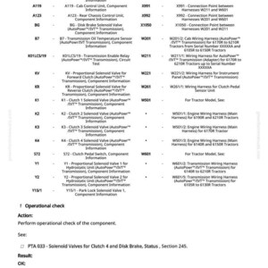 May include: A detailed diagram with a legend, showing various tractor components like valves, harnesses, and sensors. Includes operational checks and results. Text includes "AutoPowr/IVT Transmission" and "Clutch Pedal Switch".