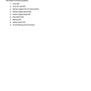May include: A white page with the title "Marker Lights" and a list of items to check, including fuses, switches, and connectors. The text is in black, with a small number at the bottom.