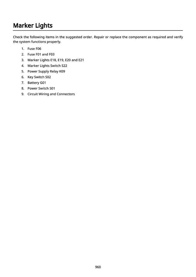 May include: A white page with the title "Marker Lights" and a list of items to check, including fuses, switches, and connectors. The text is in black, with a small number at the bottom.