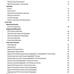 K&ouml;nnte beinhalten: Eine Seite aus einem Handbuch mit wei&szlig;em Hintergrund, die ein detailliertes Inhaltsverzeichnis enth&auml;lt. Zu den Abschnitten geh&ouml;ren Schmiermittel, Antriebsstrang, Diagnose von Fehlfunktionen und Zapfwellenantrieb, mit Seitenzahlen.
