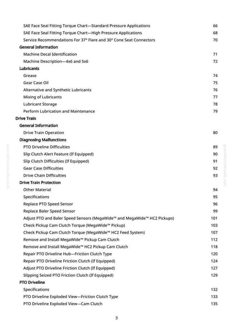 K&ouml;nnte beinhalten: Eine Seite aus einem Handbuch mit wei&szlig;em Hintergrund, die ein detailliertes Inhaltsverzeichnis enth&auml;lt. Zu den Abschnitten geh&ouml;ren Schmiermittel, Antriebsstrang, Diagnose von Fehlfunktionen und Zapfwellenantrieb, mit Seitenzahlen.