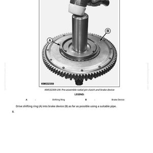 May include: An illustration of a mechanical assembly process. A hammer is used to drive a shifting ring into a brake device. The image includes labels and text describing the process.