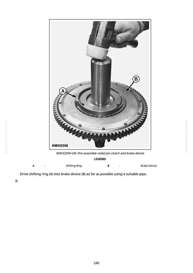 May include: An illustration of a mechanical assembly process. A hammer is used to drive a shifting ring into a brake device. The image includes labels and text describing the process.