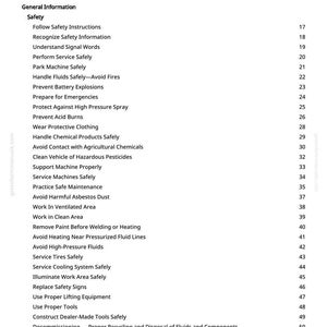 May include: A printed page titled "Table of Contents" from a manual. The table lists safety instructions, including topics like handling fluids, preventing explosions, and wearing protective clothing. The page is white with black text.