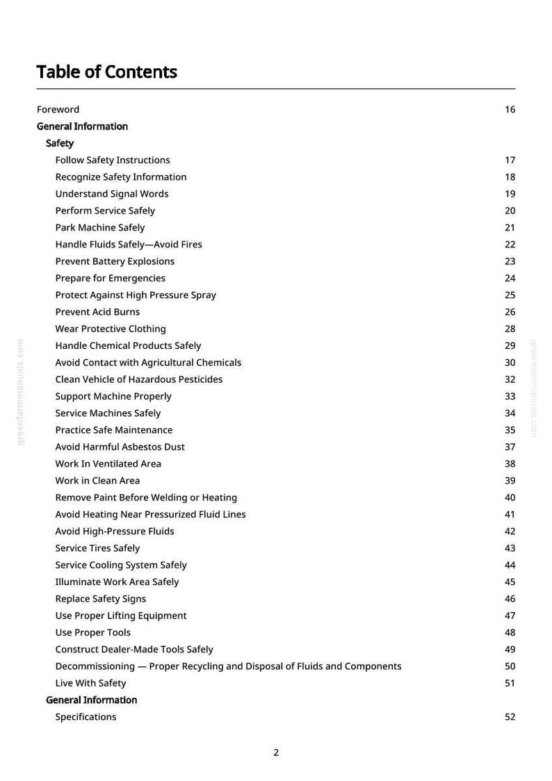 May include: A printed page titled "Table of Contents" from a manual. The table lists safety instructions, including topics like handling fluids, preventing explosions, and wearing protective clothing. The page is white with black text.
