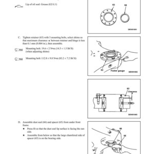 K&ouml;nnte beinhalten: Diagramm mit Anweisungen zur Demontage und Montage mechanischer Komponenten. Enth&auml;lt Nahaufnahmen von Teilen wie Staubdichtungen, Halterungen und Schrauben, mit Messungen in Nm und mm. Text enth&auml;lt "DISASSEMBLY AND ASSEMBLY" und "CENTER HINGE PIN".