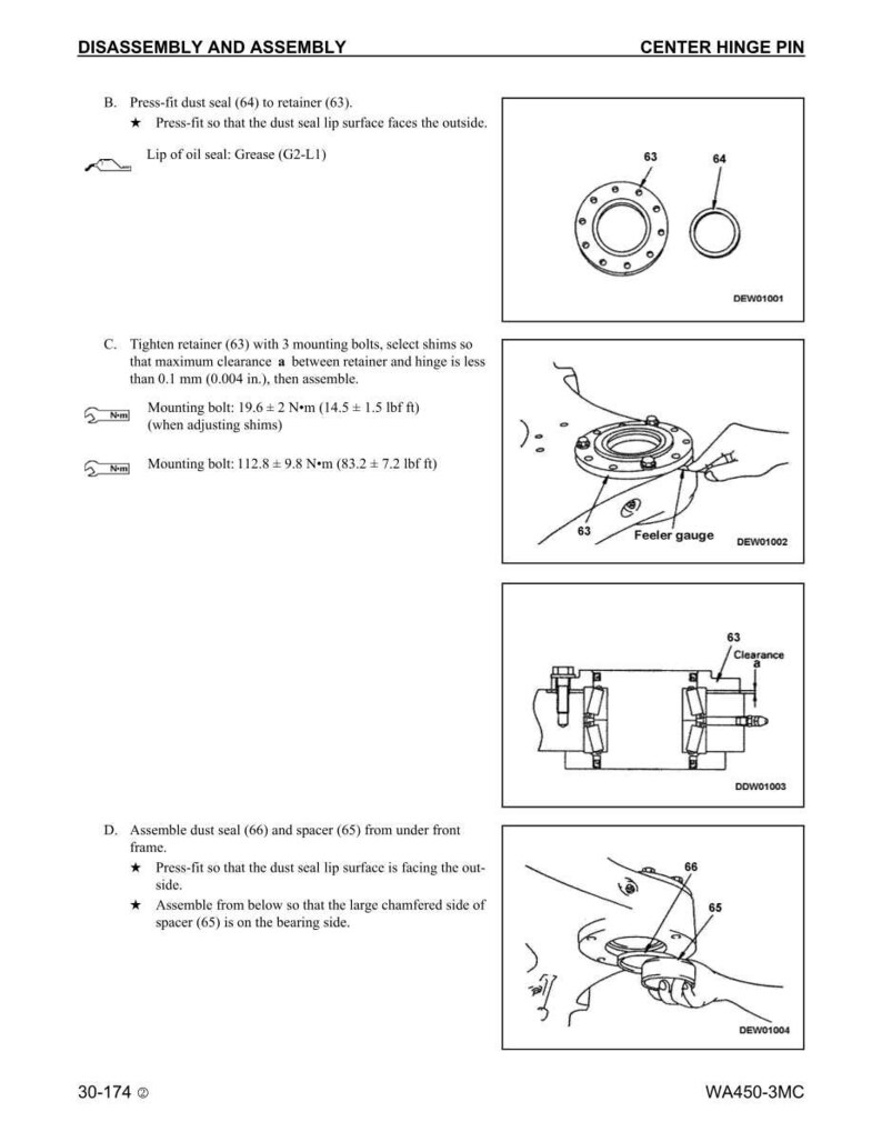 K&ouml;nnte beinhalten: Diagramm mit Anweisungen zur Demontage und Montage mechanischer Komponenten. Enth&auml;lt Nahaufnahmen von Teilen wie Staubdichtungen, Halterungen und Schrauben, mit Messungen in Nm und mm. Text enth&auml;lt "DISASSEMBLY AND ASSEMBLY" und "CENTER HINGE PIN".