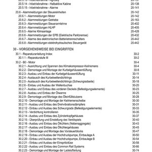 Może przedstawiać: Strona z instrukcji technicznej ze spisem treści zatytułowanym "INHALT" w języku niemieckim. Dokument zawiera listę r&oacute;żnych procedur i komunikat&oacute;w alarmowych związanych z systemami pojazd&oacute;w, w tym silnikami, alarmami i elementami silnika.