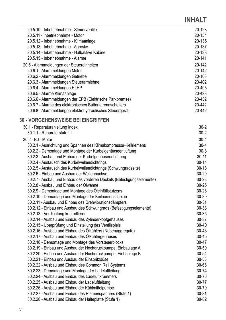 Może przedstawiać: Strona z instrukcji technicznej ze spisem treści zatytułowanym "INHALT" w języku niemieckim. Dokument zawiera listę r&oacute;żnych procedur i komunikat&oacute;w alarmowych związanych z systemami pojazd&oacute;w, w tym silnikami, alarmami i elementami silnika.