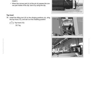 May include: A page from a manual titled "Remove and Install KDPF Assembly" with diagrams and instructions. The text includes steps for installing a connector and lifting the top hood, which weighs 32.7 kg.