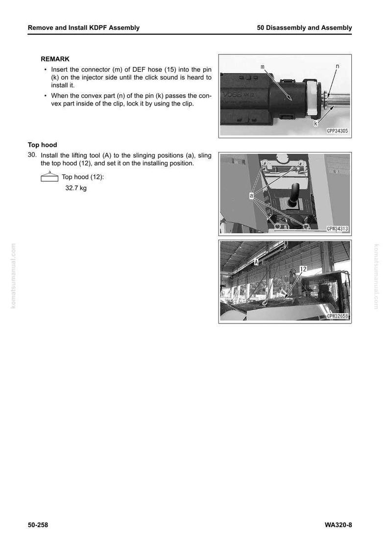 May include: A page from a manual titled "Remove and Install KDPF Assembly" with diagrams and instructions. The text includes steps for installing a connector and lifting the top hood, which weighs 32.7 kg.