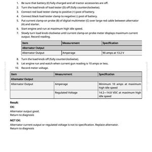 May include: A page from a greenfarmmanuals.com manual detailing alternator output testing. The text includes instructions, measurements, and specifications for checking alternator performance, with results for OK and NOT OK conditions.