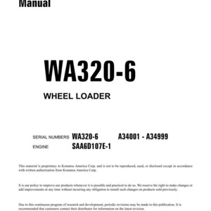May include: A white shop manual cover with the title "Shop Manual" at the top. The title "WA320-6 WHEEL LOADER" is prominently displayed in large, bold, black text. Additional text includes serial numbers and engine details.