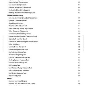 May include: A page from a manual with a list of automotive diagnostics, tests, and adjustments. The text includes terms like "Engine Starting Problem," "Cylinder Compression Test," and "Fuel System Leakage Test."