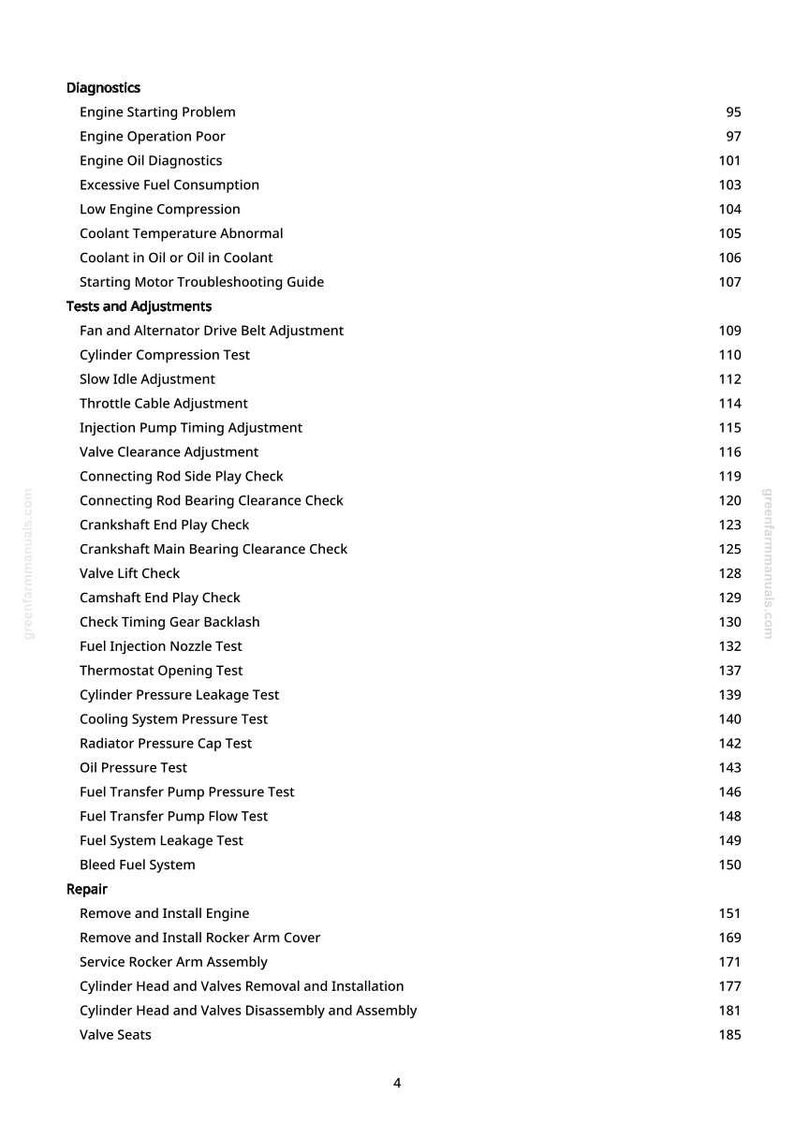 May include: A page from a manual with a list of automotive diagnostics, tests, and adjustments. The text includes terms like "Engine Starting Problem," "Cylinder Compression Test," and "Fuel System Leakage Test."
