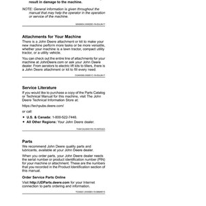 May include: A page from a manual with the title "Introduction." Text includes information about attachments, service literature, and parts for John Deere machines. Contact information is provided.