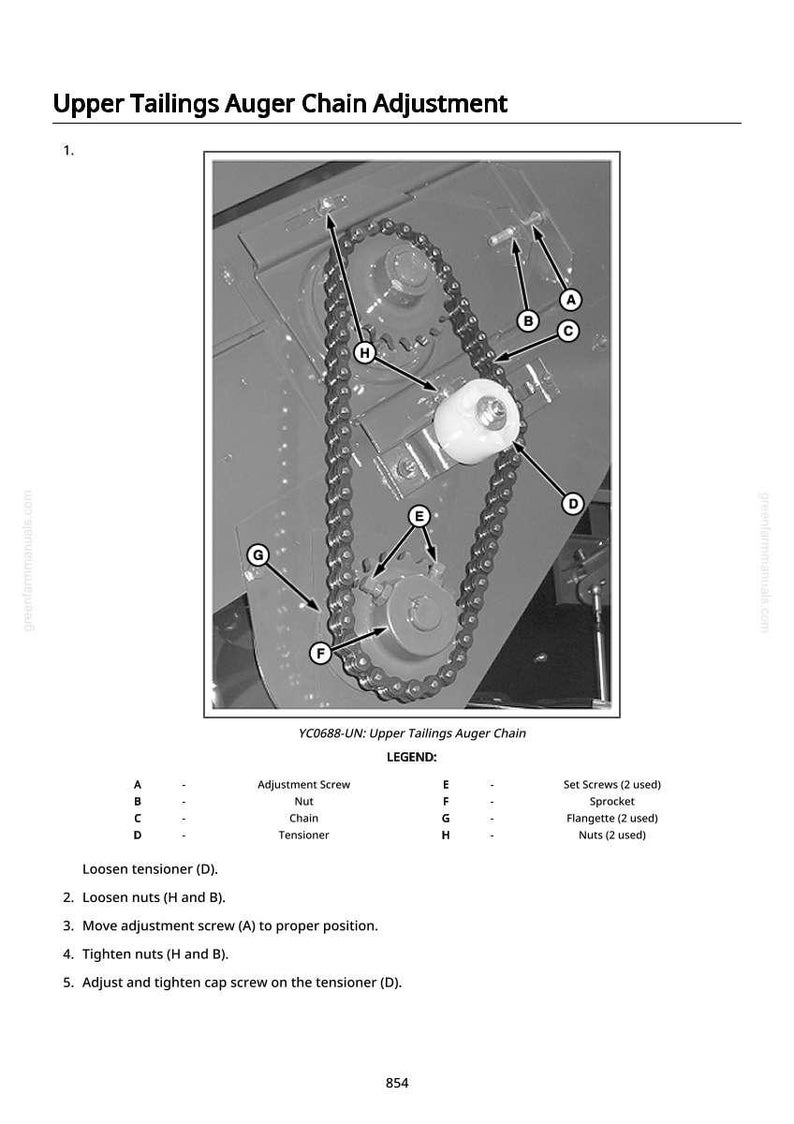 May include: Diagram of an upper tailings auger chain adjustment. The image shows a chain, sprocket, and tensioner with labels A through H. Text at the bottom provides instructions for adjustment, including loosening and tightening nuts and screws.