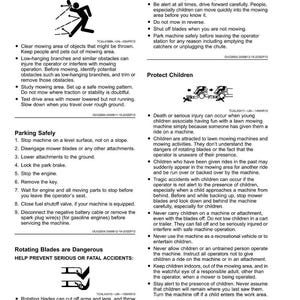 May include: Safety instructions for lawn mowers, including warnings about rotating blades and child safety. Diagrams show safe mowing practices and potential hazards. Text includes "Rotating Blades are Dangerous" and "Protect Children."